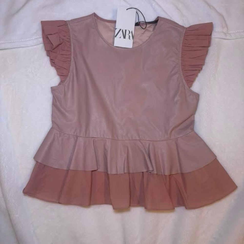 Zara Peplum Vegan Leather Blush Top NWT Size Small